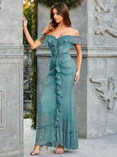 Double Crazy Women's Off Shoulder Ruffle Edge Fish Tail Evening Dress (Heavy Industry Model)